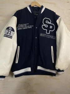 Southpole Varsity Jacket Mens Large Navy White Letterman y2k Leather Coat Baggy - Picture 1 of 9