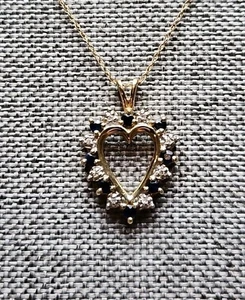 10kt Gold Natural Sapphire + Diamond Heart Shaped Pendant 18” Chain 1.9g - Picture 1 of 10