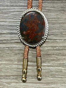 Vintage Western Bolo Tie w/ Polished Multicolor Agate Stone & Orange Cord - Picture 1 of 4