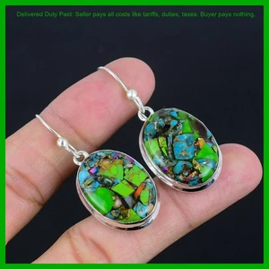 Sterling Silver Oval Natural Fiesta Kingman Turquoise Hook Drop Earrings Jewelry - Picture 1 of 6