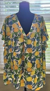 PREMISE WOMAN Flowy Blouse 3X Blue swirl & Yellow Lemon Print Short Sleeve - Picture 1 of 6