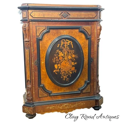 古董维多利亚镶嵌文艺复兴时期麻疹胡桃木信条手写笔大厅柜 — 第 1/4 张图片