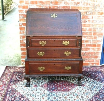 English Antique Dark Oak Drop Front Desk | Ball & Claw Secretary Bureau - Image 1 of 4