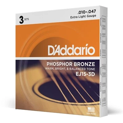 Juego de 3 cuerdas para guitarra acústica D'Addario EJ15 bronce fósforo extra ligero EJ15-3D Foto 1 de 4