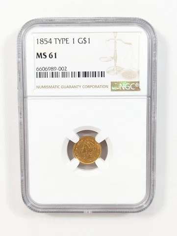 1854 U.S. Liberty Head $1 Dollar - Type 1 Gold $1 Dollar - NGC MS61 Cover