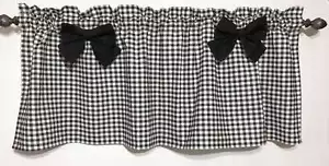 Black Check Valance with Black Bows, Black and White Farmhouse Kitchen Curtain - Picture 1 of 6