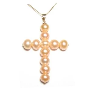 Genuine AAA Cultured Pink Pearl Cross Pendant in 14K Yellow Gold - Picture 1 of 1