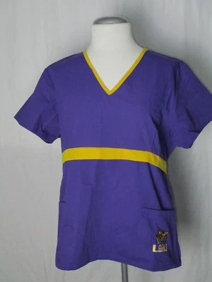 Blusa Médica LSU Cuello en V Púrpura Manga Corta 2 Bolsillos Delanteros Lazo Trasero Dudz Nueva con Etiquetas Foto 1 de 4
