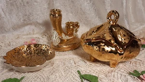 Vintage  40's Weeping Gold Vanity Trio: Bowl, Ring Dish, Candleholder (Set# 1) - Picture 1 of 14
