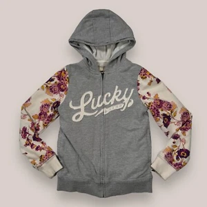 Lucky Brand Floral Sleeves Full Zip Gray White Logo Hoodie Youth Girl’s M 10/12 - Picture 1 of 10