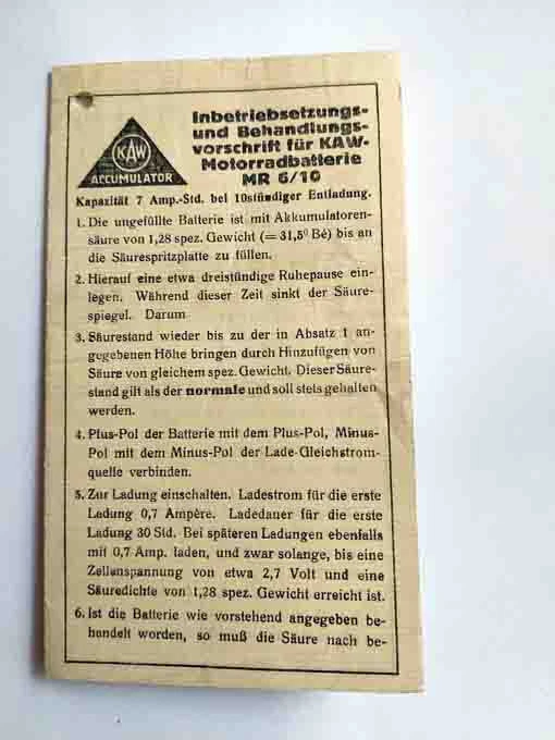 KAW-Motorradbatterie MR 6/10 Betrieb und Vorschrift Gottfried Hagen Köln-Kalk - Bild 1 von 1