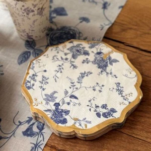 Blue Botanical Floral Paper Napkins | Gold Foiled Tableware Wedding Party x 16 - Picture 1 of 2