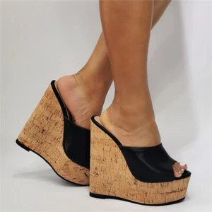 Women Pumps Peep Toe Platform Wedge High Heel Mules Summer Fashion Sandals Shoes - Picture 1 of 9
