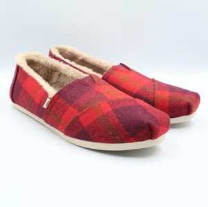 TOMS Damen Alpargata Flats Kunstfell gefüttert Slipper rot kariert Freizeit Wandern - Bild 1 von 5