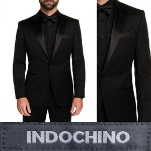 Indochino Schwarz Wolle Smoking Herren 40 L Einknopf Sakko Blazer Einfarbig Schwarz Belüftet - Bild 1 von 16