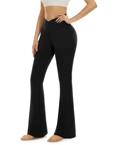 Flare Yoga Pants for Women, Black Flared Leggings Crossover Tummy Control Wor... - Picture 1 of 9