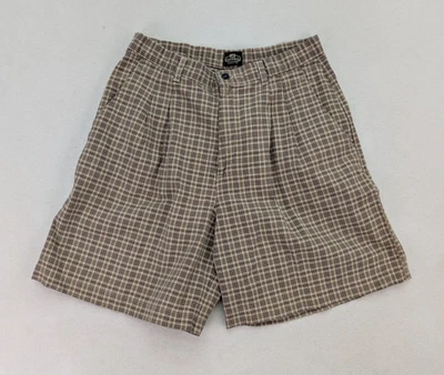 复古 90 年代女式短裤 12 码 Lee Casuals 棕色格子打褶妈妈 — 第 1/4 张图片