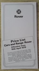 Rover Cars Price & Optional Extras List Brochure 1978 - SD1 Range Rover - Picture 1 of 3