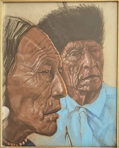 1940-50’s Native American Indian ~ Dual Portrait ~ Mixed Media Original Artwork - Picture 1 of 19