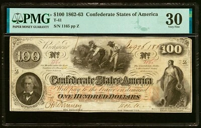 1862 $100 Confederate States of America T-41 - PMG 30 - VIVID COLOR! - Image 1 of 2