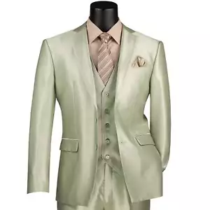 VINCI Men's Light Sage Satin 3-Piece 2-Button Slim-Fit Suit - NEW - Picture 1 of 4