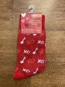 Valentine Crew Socks Arrows XOXO Sz 6-12 Red - Picture 1 of 3