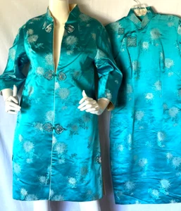 1970 Cheongsam Quipu Silk Chinese Turquoise Coat Set SZ 8 Mandarin Collar - Picture 1 of 10