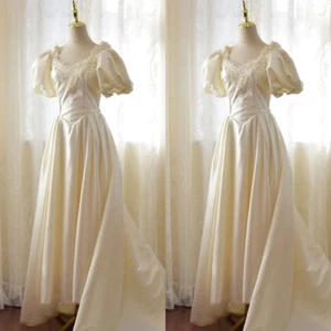 Satin Victorian Wedding Dresses 1960s Short Sleeves Beige Vintage Bridal Gowns - Picture 1 of 9