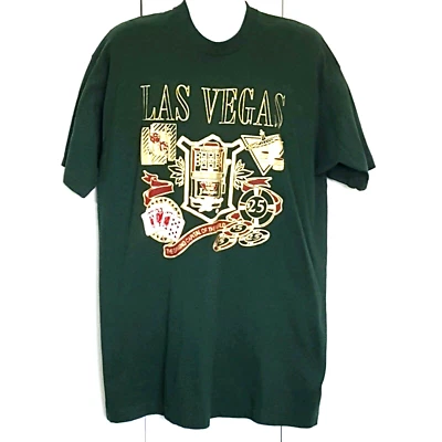 Camiseta Las Vegas Vintage Anos 90 Feita Nos EUA XXL Ouro Verde Glitter Ponto Único - Imagem 1 de 4