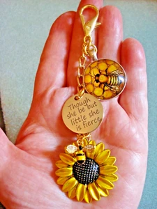 5" Long BEE Sunflower Charm "Though she be but little she is fierce"  Keyring - Picture 1 of 5