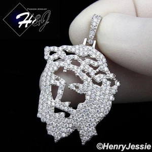 MEN SOLID 925 STERLING SILVER ICY BLING CZ SILVER JESUS FACE PENDANT*SP163 - Picture 1 of 4