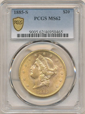 1885 S $20 Gold Double Eagle MS 62 PCGS Gold Shield Cover