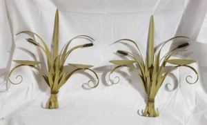 Pair of metal wheat wall sconces/pillar candle holder goldish tone décor - Picture 1 of 12