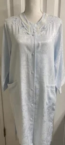 Miss Elaine Blue Med 3/4 sleeve button up Floral embroidered floral neck Robe. - Picture 1 of 8