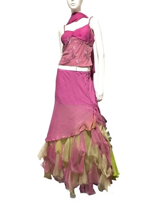 NUEVO Y2K Conjunto Maxi Vestido de Seda Asimétrico Volantes Hadas Sirena Festival 100% Seda Foto 1 de 4