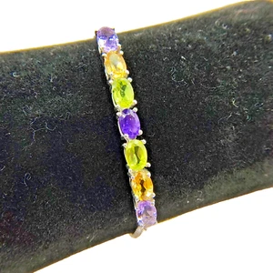 STS Karis Multicolor Stone Bolo Bracelet Silver Tone Adjustable Box Link Signed - Picture 1 of 24