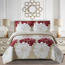 Helena Printed Quilt Floral Coverlet Set Bedspread All Sizes - Gold OR Burgundy