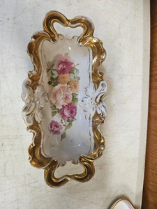 Vintage Porcelain Gold Trim Oval Handled Dish with floral - Picture 1 of 8