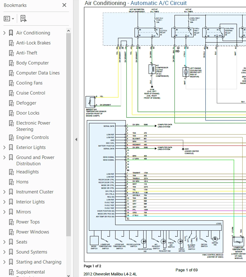 Chevrolet Malibu 2012 diagrama de cableado a color esquema L4 2,4 L pdf Foto 1 de 1