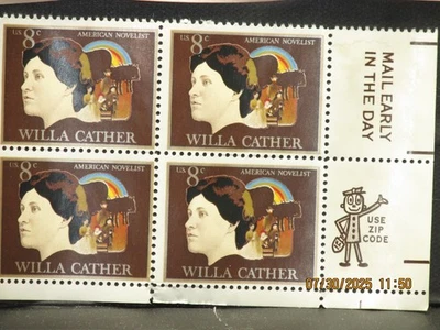 The listing:(1)USPS 8¢ 1973 Willa Cather Zip Block of 4 Stamps-MNH - Image 1 of 4