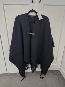 New Women’s Open Front Poncho Wrap Slate Black With Fringe & Buckle - Picture 1 of 5