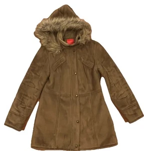 Esprit Faux Suede Woman Coat- Medium- Tan- Lined- Removable Hooded Faux Fur - Picture 1 of 8
