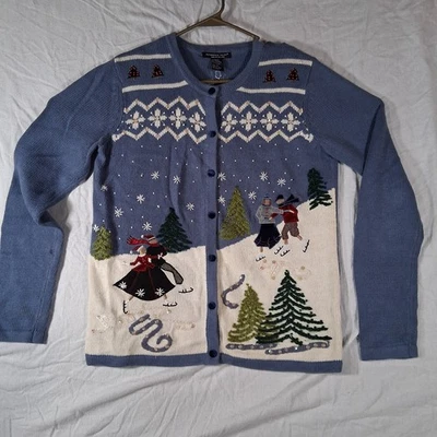 Cárdigan de vacaciones vintage con cuentas de punto de referencia pequeño patinadores sobre hielo azul claro Foto 1 de 4