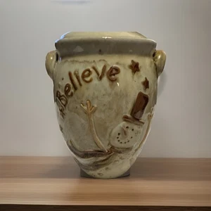 Christmas (Believe) Jar with Lid & Snowman Pottery Ceramic 6-2/4” - Picture 1 of 8