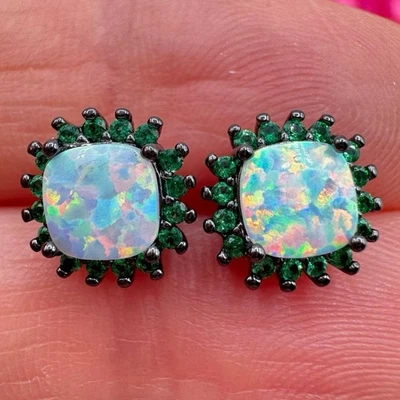 Opal Stud Earrings Green Rhinestone Halo Black Rhodium Plated Square Dramatic - Image 1 of 4
