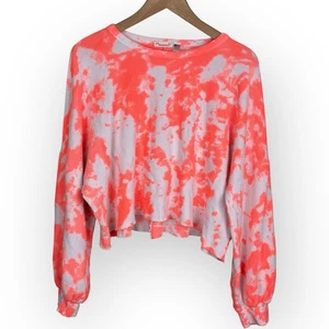 Anthropologie Maronie Long Sleeve Tie Dye Waffle Knit Women L White Orange Crop - Picture 1 of 7