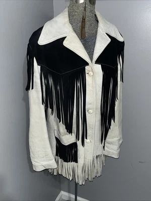 Chaqueta para mujer vintage hecha a mano crema y negra de gamuza con flecos Foto 1 de 4