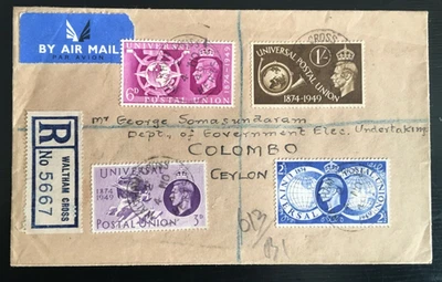 GB 1949 U.P.U Registered FDC to Columbo, Ceylon. Walton Cross pmk (Q28) - Image 1 of 2