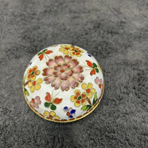 Vintage Cloisonne Enamel and Brass Round Floral Trinket Box unmarked 2”T X 3”W - Picture 1 of 7