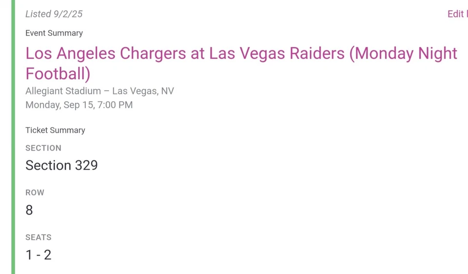 2 Las Vegas Raiders vs LA Chargers Monday Night Football! 9/15/25 Home Opener - Image 1 of 1